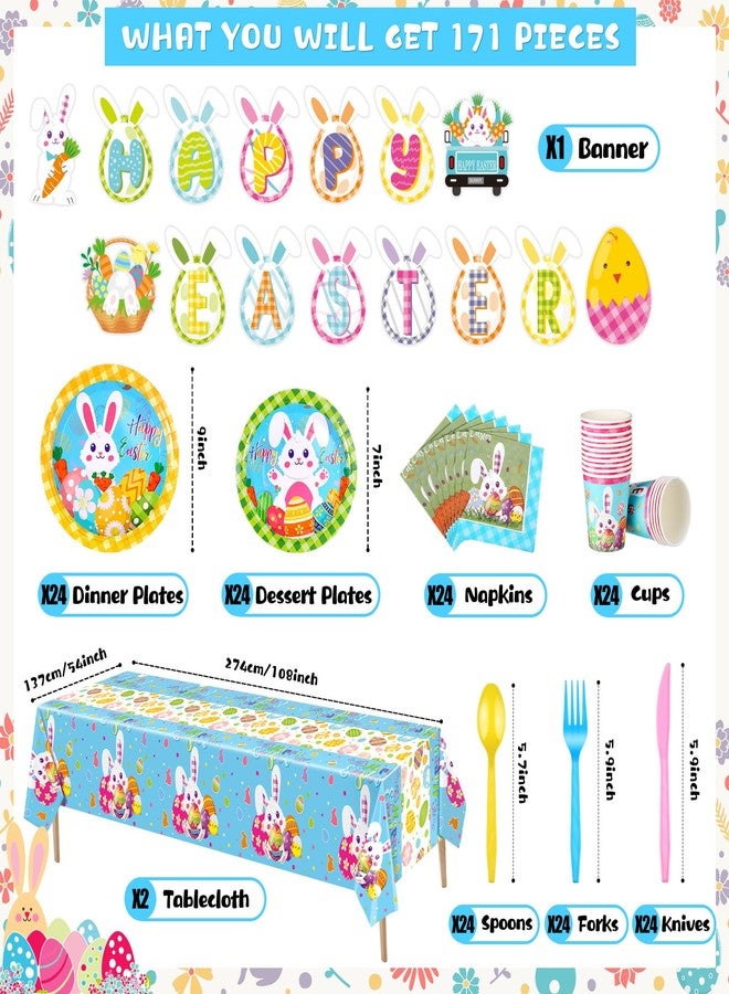 FoldTier 171 Pcs Happy Easter Party Supplies Disposable Easter Tableware Set with Bunny Colorful Eggs Plates Napkins Cups Banner Plastic Tablecloths for Easter Spring Holiday Party Decoration Serve 24 - Image 3
